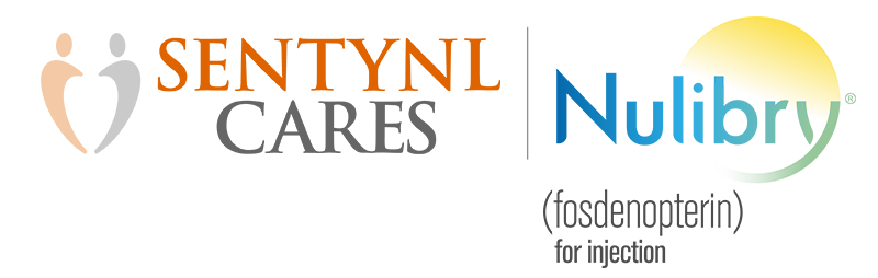Sentynl Cares access support program logo | nulibry fosdenopterin brand logo